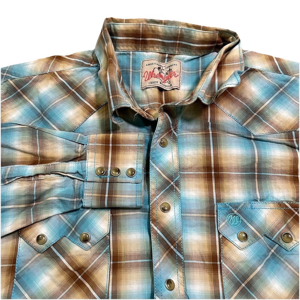 Wrangler Shirt Mens M Brown Plaid Western Pearl Snap Rodeo Ranch Cowboy Sawtooth